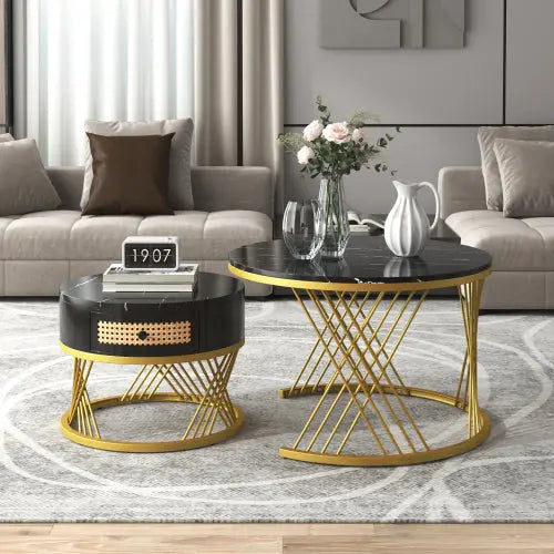 Round Coffee Table 2 In 1 Rattan Drawers Black in your home