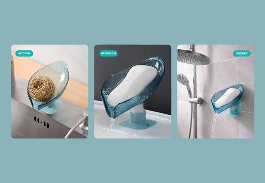 Wall-mounted shower soap tray holding a shampoo bar and a loofah in a modern bathroom setting