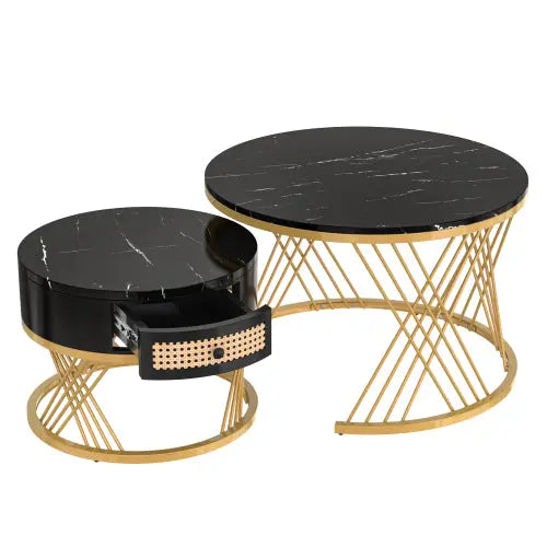 Round Coffee Table 2 In 1 Rattan Drawers Black png